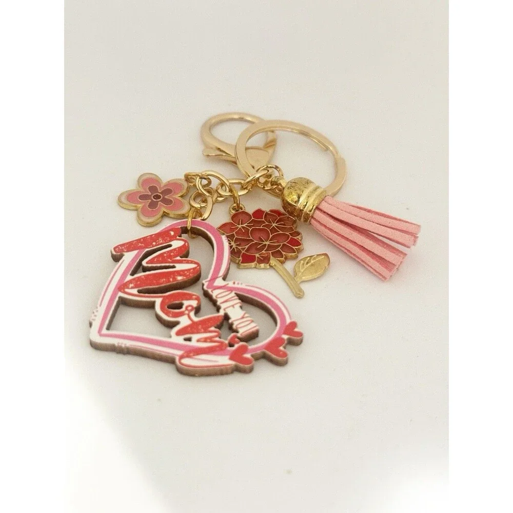 Gift For Mom:  Mom Heart Key ring Bag Charm Enamel Flower Tassel Pink